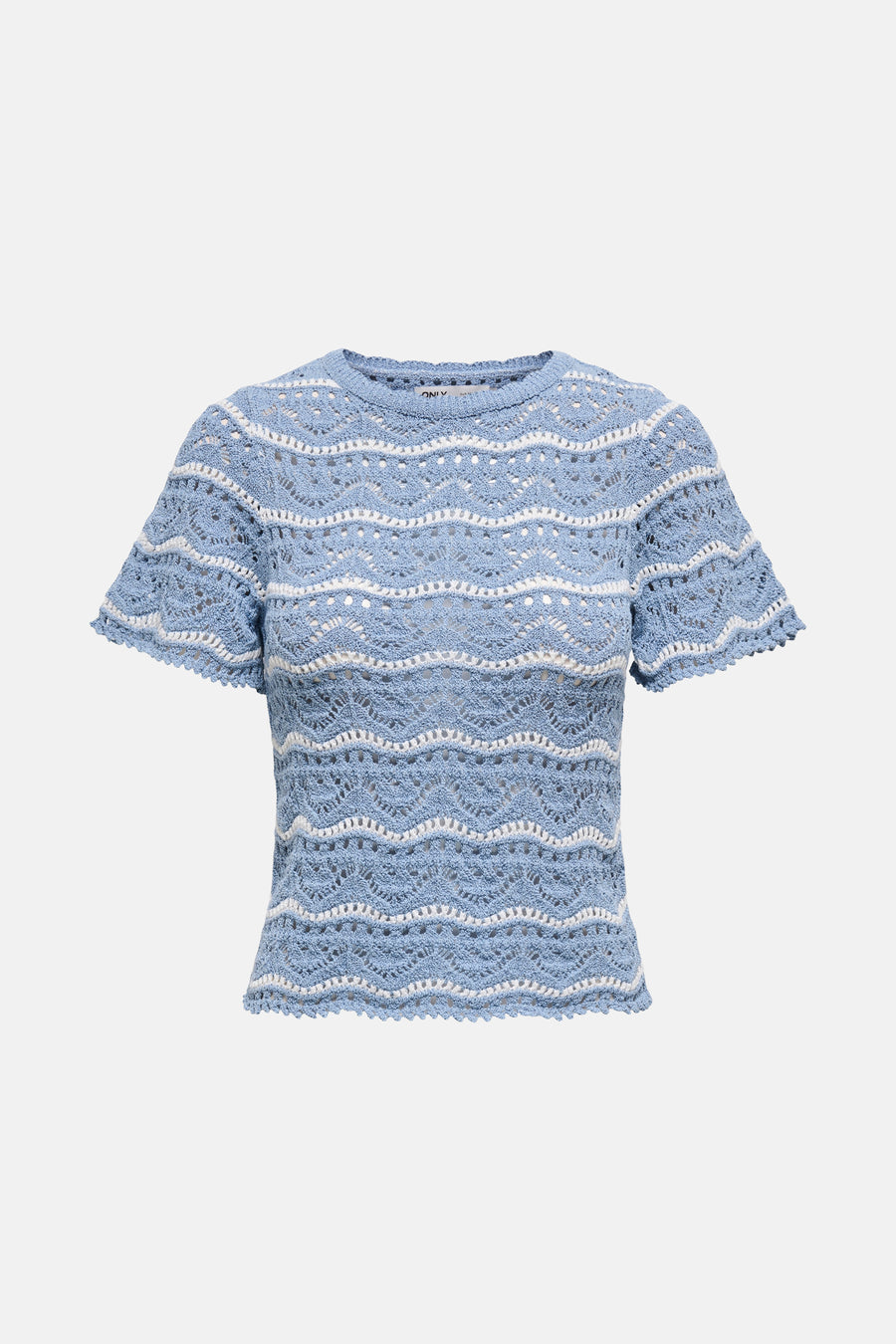 T-shirt bleu en crochet de ONLY, à rayures horizontales blanches et ourlet festonné.