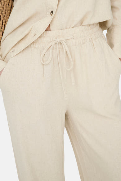 Beige linnen broek van JDY, met elastische tailleband en een gestrikte trekkoord.