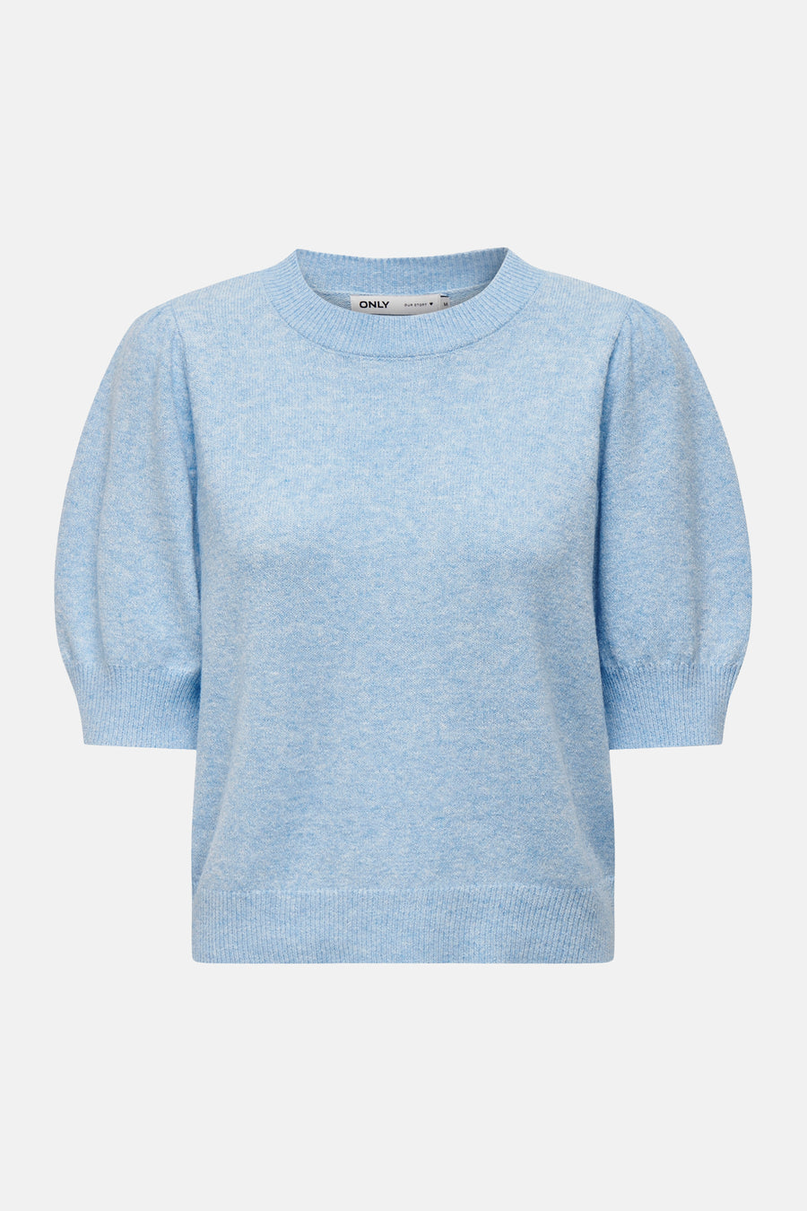Pull bleu clair à col rond de ONLY, avec manches courtes bouffantes.
