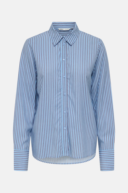 Blauw gestreept overhemd met lange mouwen van ONLY, van achteren gezien, met een kraag en knoopmanchetten.