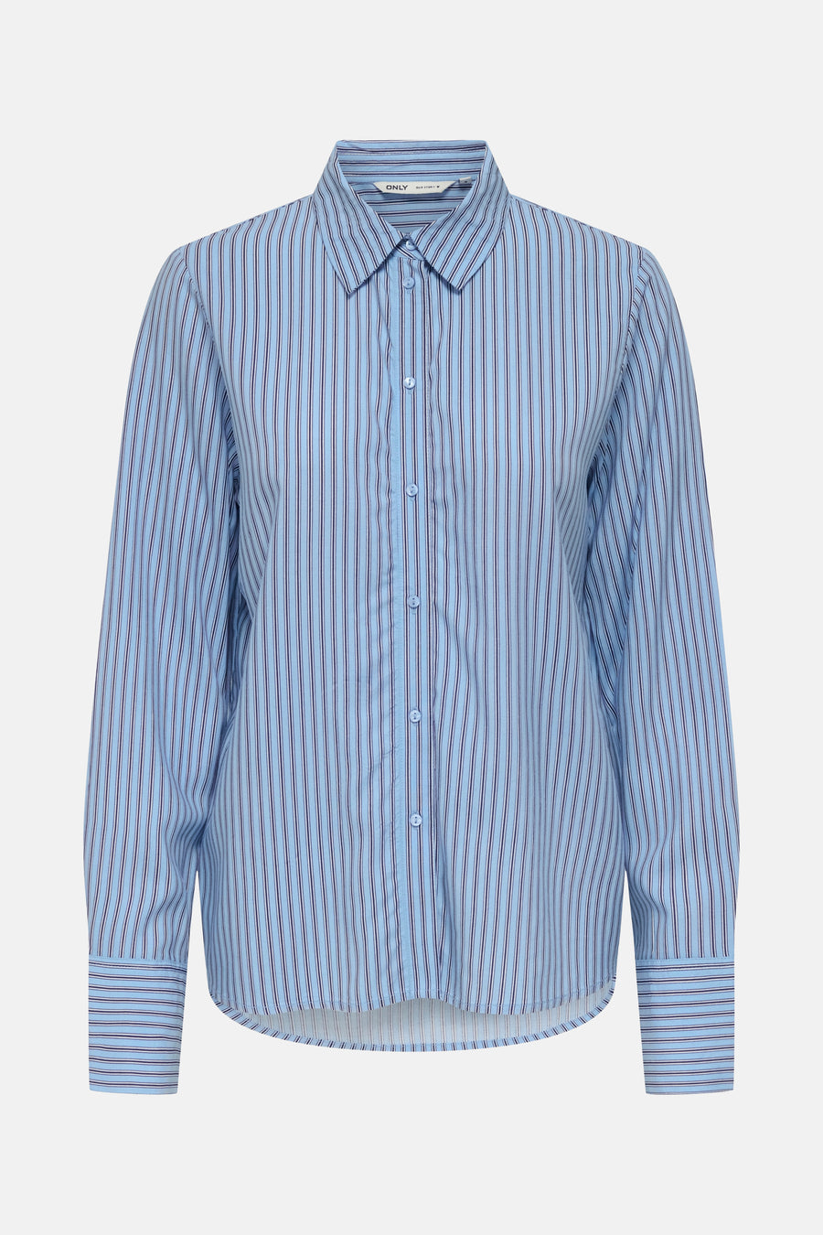 Blauw gestreept overhemd met lange mouwen van ONLY, van achteren gezien, met een kraag en knoopmanchetten.