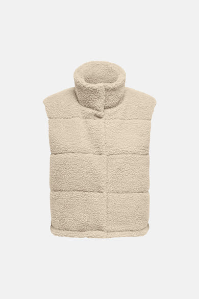 Pumice stone shearling bodywarmer with high collar and horizontal quilting, front view