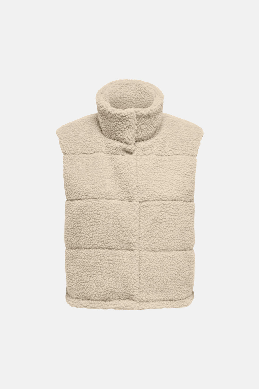 Pumice stone shearling bodywarmer with high collar and horizontal quilting, front view