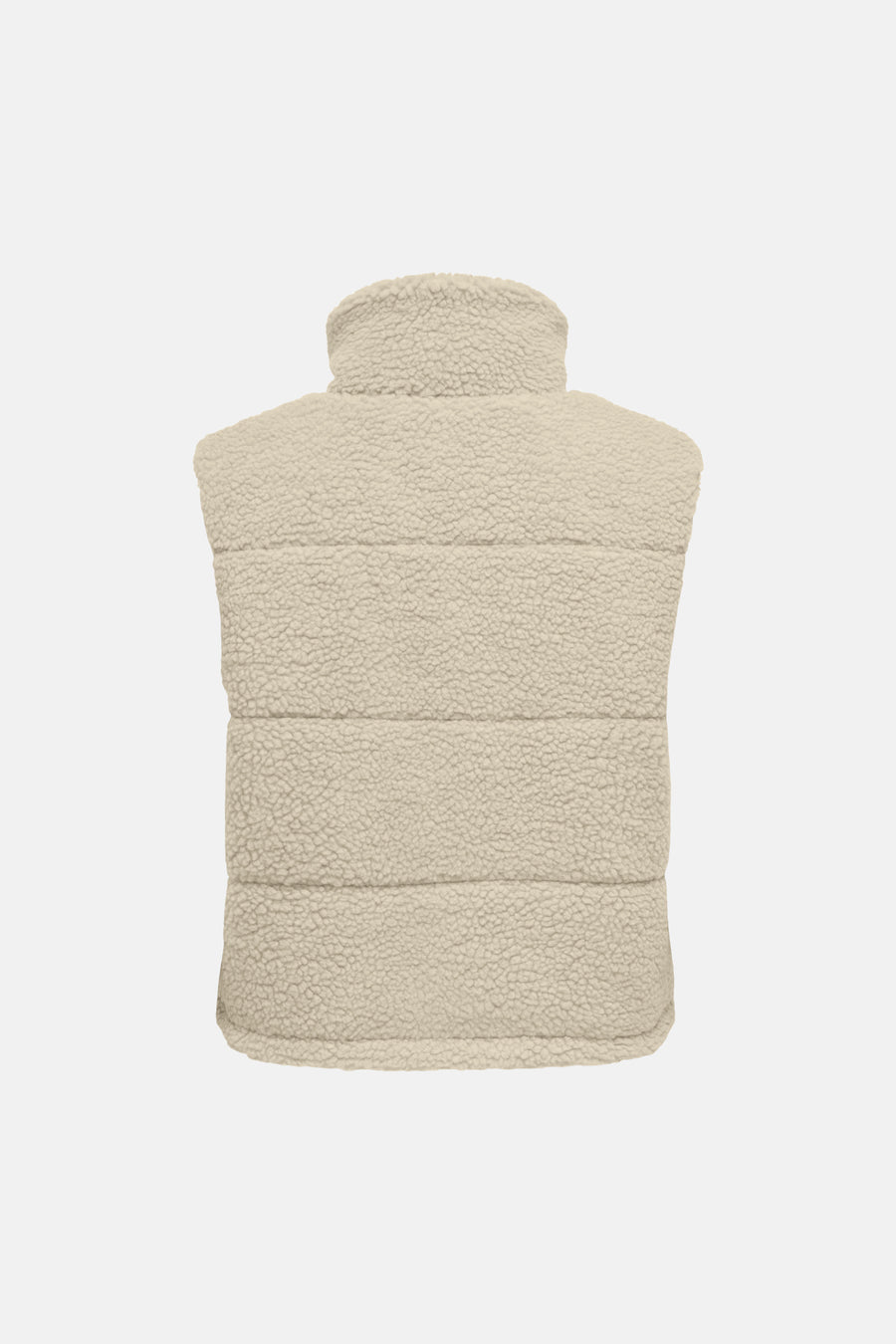 Pumice stone shearling bodywarmer with high collar and horizontal quilting, back view