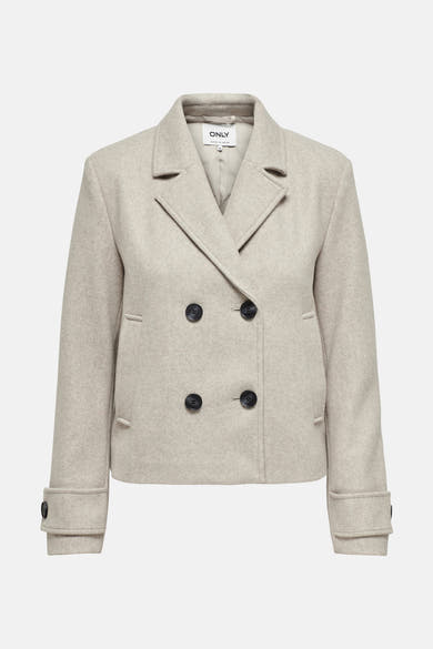 Korte beige jas van ONLY, met dubbele knoopsluiting en ingesneden revers.