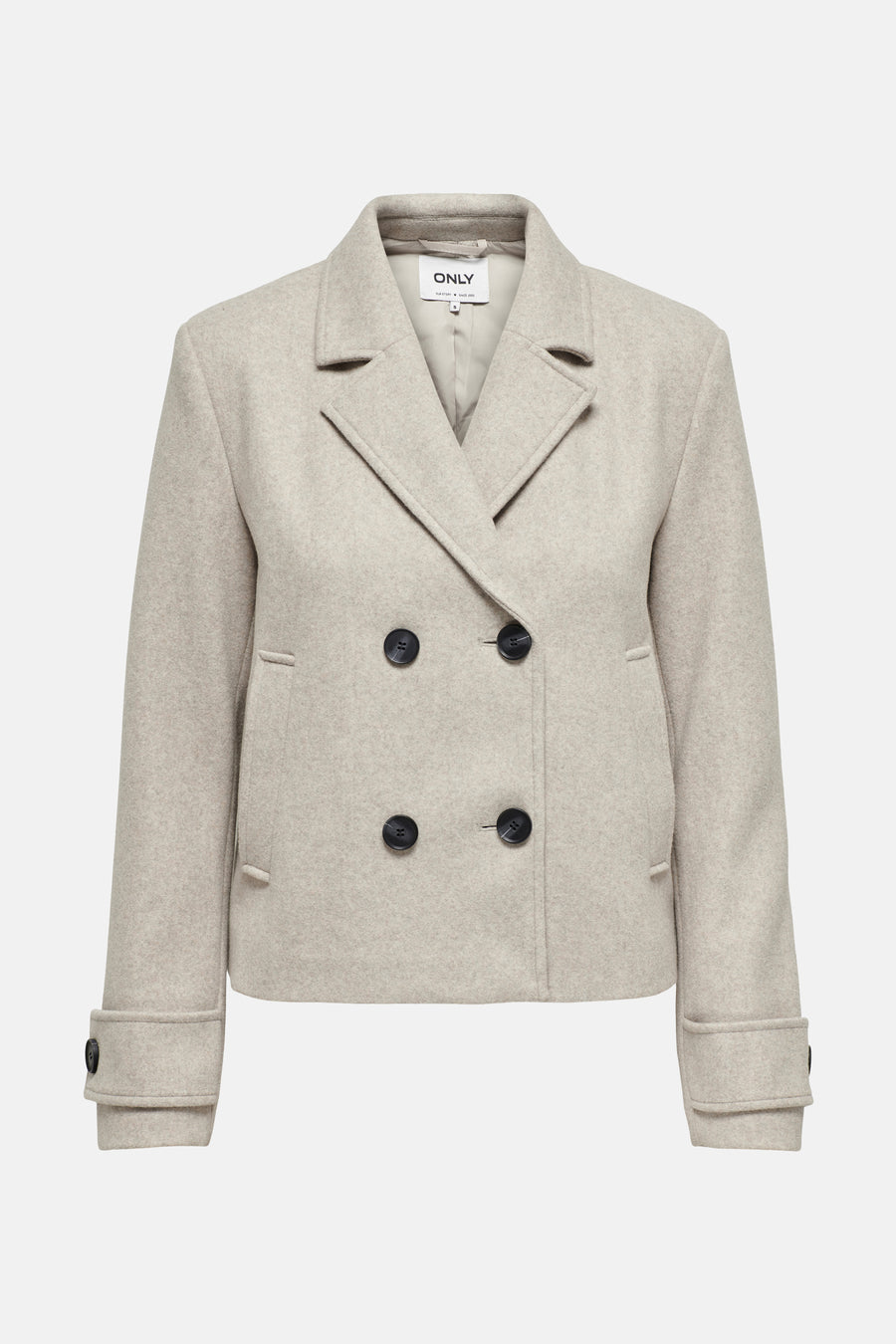 Korte beige jas van ONLY, met dubbele knoopsluiting en ingesneden revers.