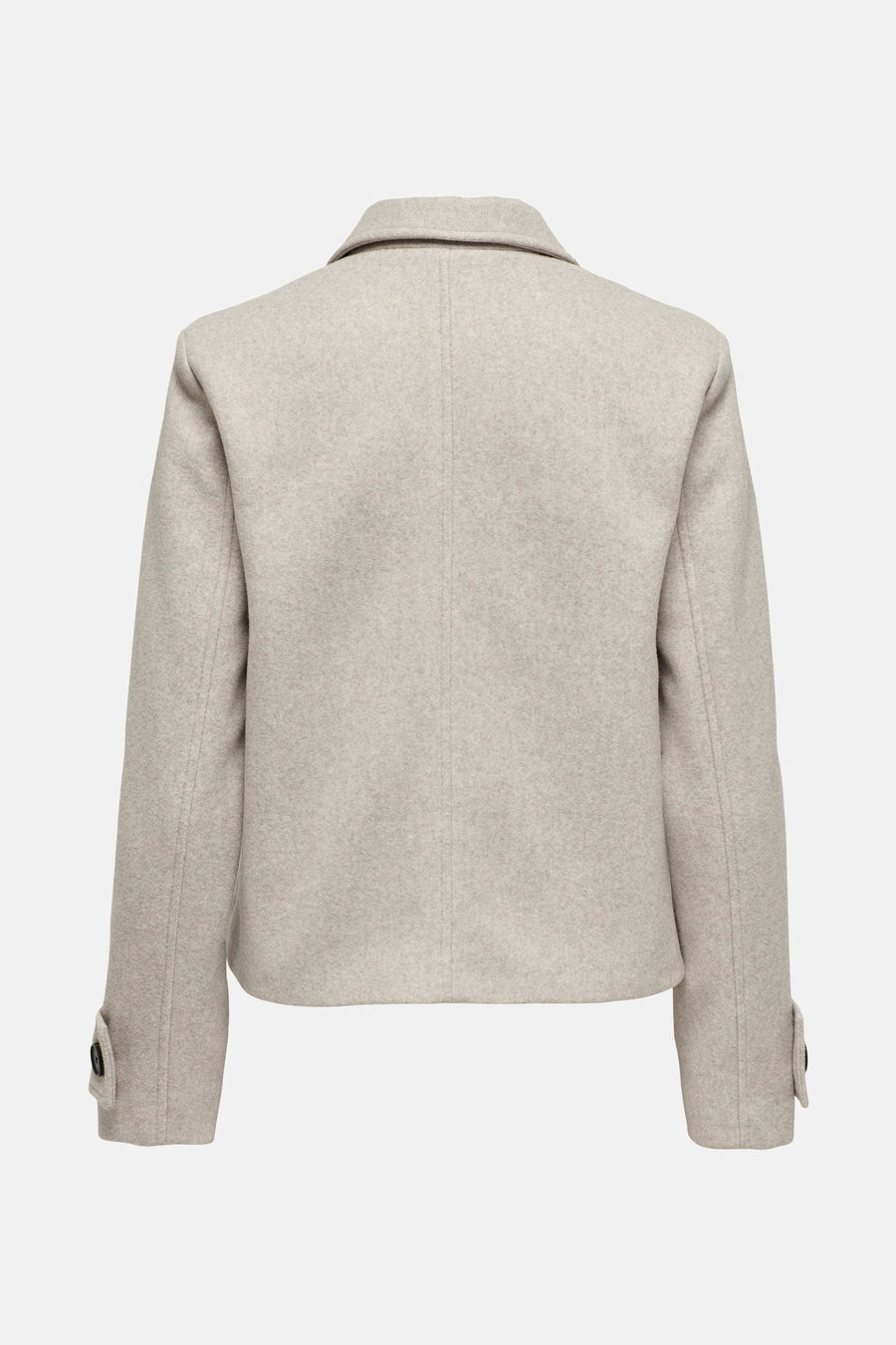 Korte beige jas van ONLY, van achteren gezien, met klassieke kraag en lange, geknoopte mouwen.