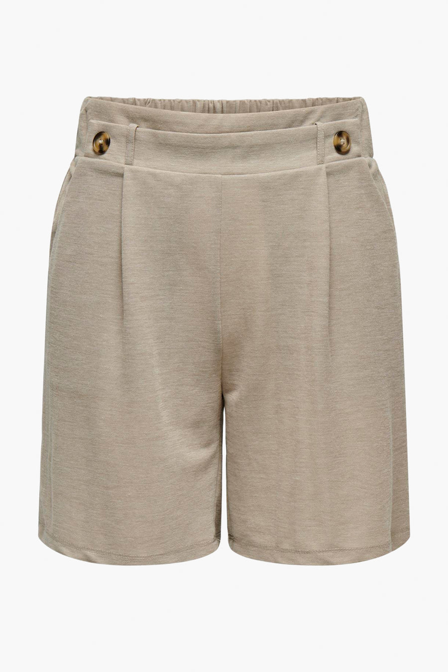 Korte beige short van JDY, met een elastische tailleband en decoratieve knopen aan de zijkanten.