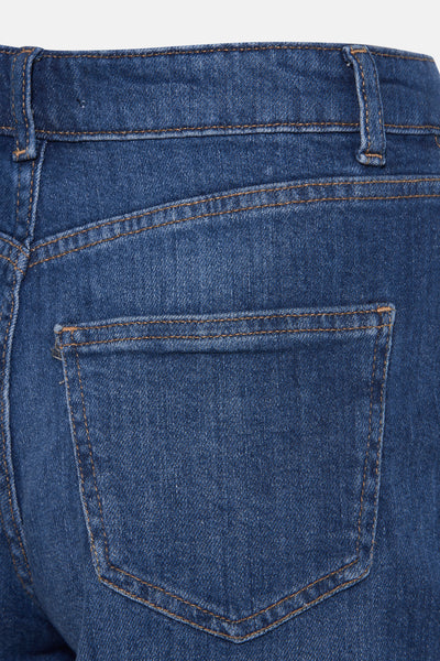 Medium blue denim shorts with back pocket, brown stitching, and classic five-pocket design, close-up view