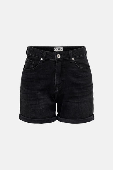 Short en jean noir de ONLY, taille haute, avec ourlets retroussés et cinq poches.