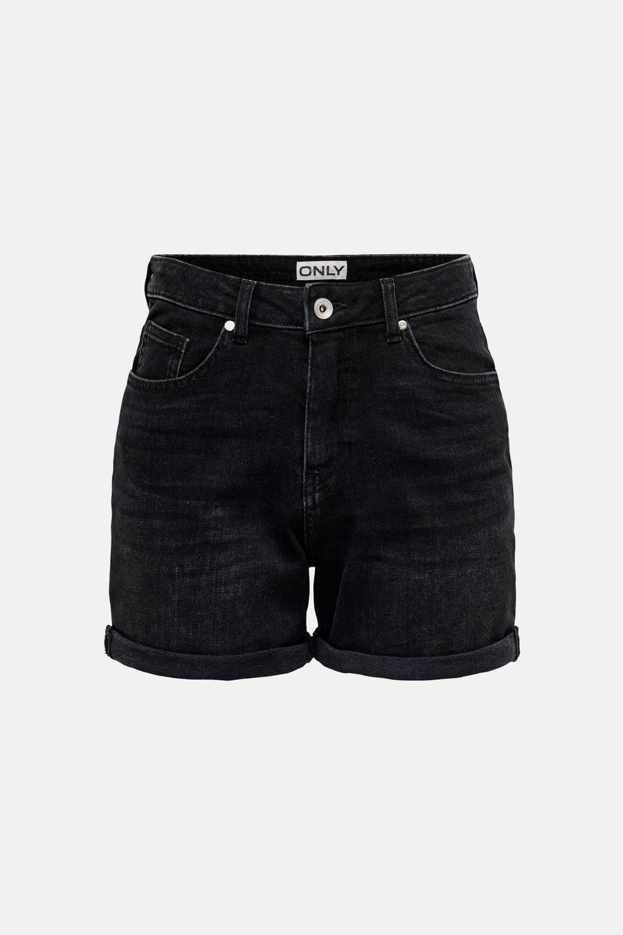 Short en jean noir de ONLY, taille haute, avec ourlets retroussés et cinq poches.