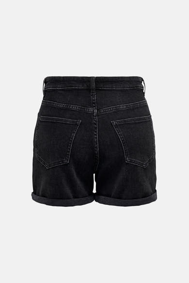 Short noir en denim de ONLY®, vue de dos, avec poches arrière et ourlets retroussés.
