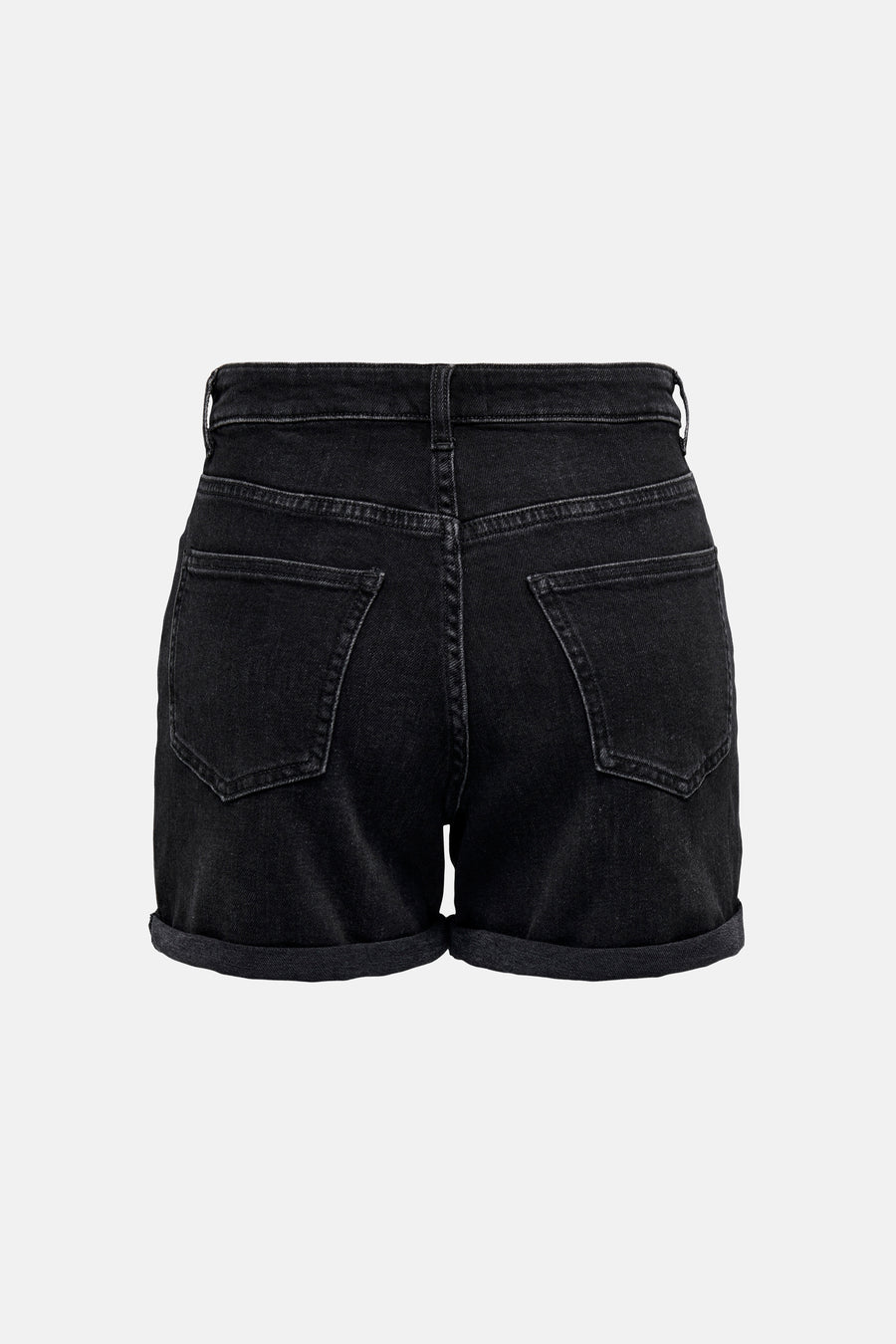 Short noir en denim de ONLY®, vue de dos, avec poches arrière et ourlets retroussés.