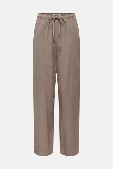 Pantalon brun de ONLY® avec taille élastiquée et cordon de serrage, texture tissée visible.