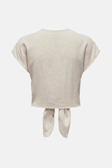 Beige linnen blouse met korte mouwen van ONLY, met strikdetail in de taille.