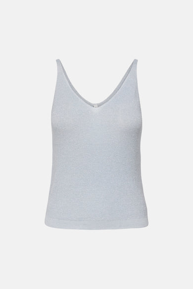 Light blue ribbed knit tank top with V-neck and thin straps, front view