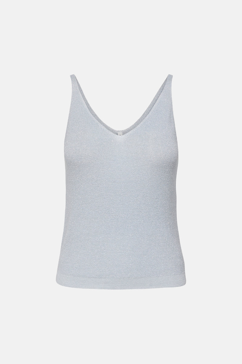 Light blue ribbed knit tank top with V-neck and thin straps, front view