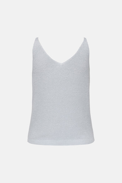 Light blue ribbed knit tank top with deep V-neck and slim straps, front view