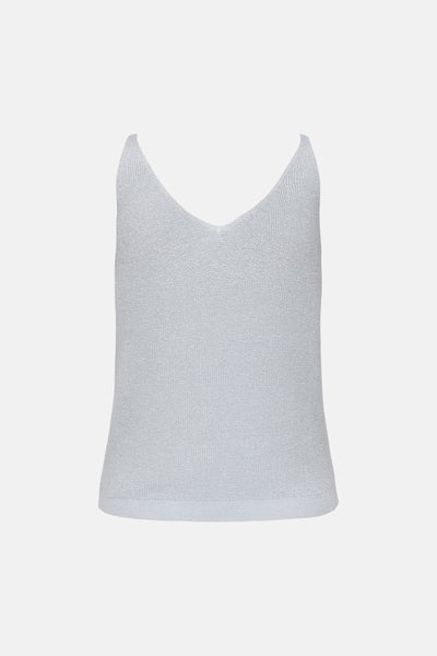 Light blue ribbed knit tank top with deep V-neck and slim straps, front view