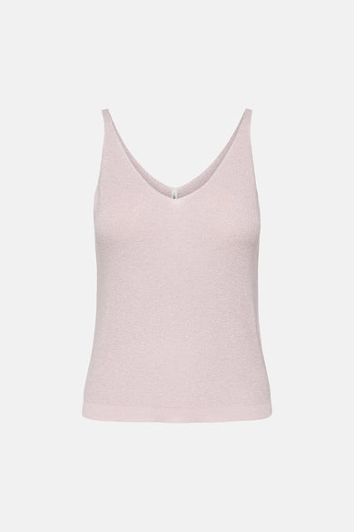 Pale lilac knit tank top with V-neck and thin straps, front view, subtle shimmer texture