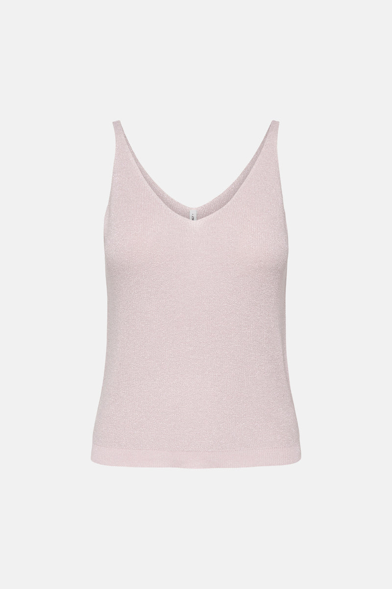 Pale lilac knit tank top with V-neck and thin straps, front view, subtle shimmer texture