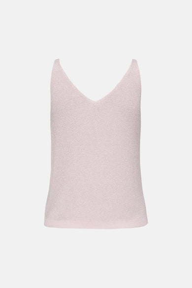 Pale lilac knit tank top with deep V-neck and ribbed hem, front view