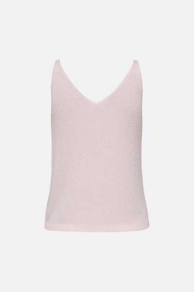 Pale lilac knit tank top with deep V-neck and ribbed hem, front view