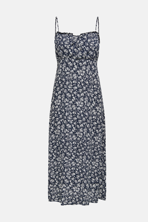 Robe bleue de ONLY® à motif floral blanc, bretelles fines et décolleté froncé.