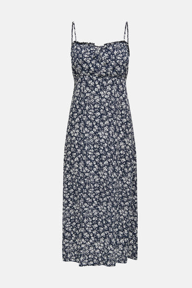 Robe bleue de ONLY® à motif floral blanc, bretelles fines et décolleté froncé.