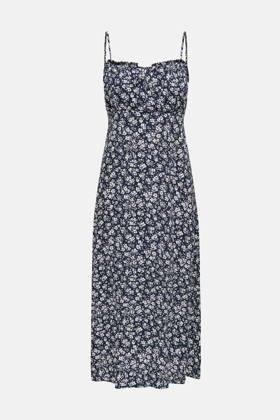 Robe bleue de ONLY® à motif floral blanc, bretelles fines et décolleté froncé.