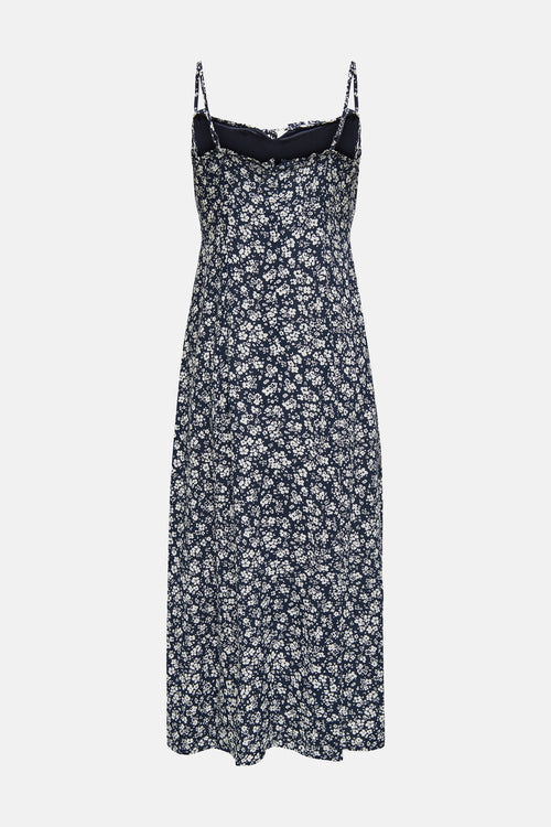 Robe midi bleue fleurie de ONLY® à fines bretelles, vue de dos.