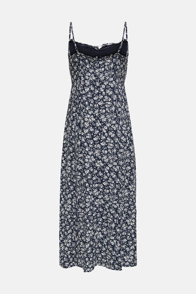 Robe midi bleue fleurie de ONLY® à fines bretelles, vue de dos.