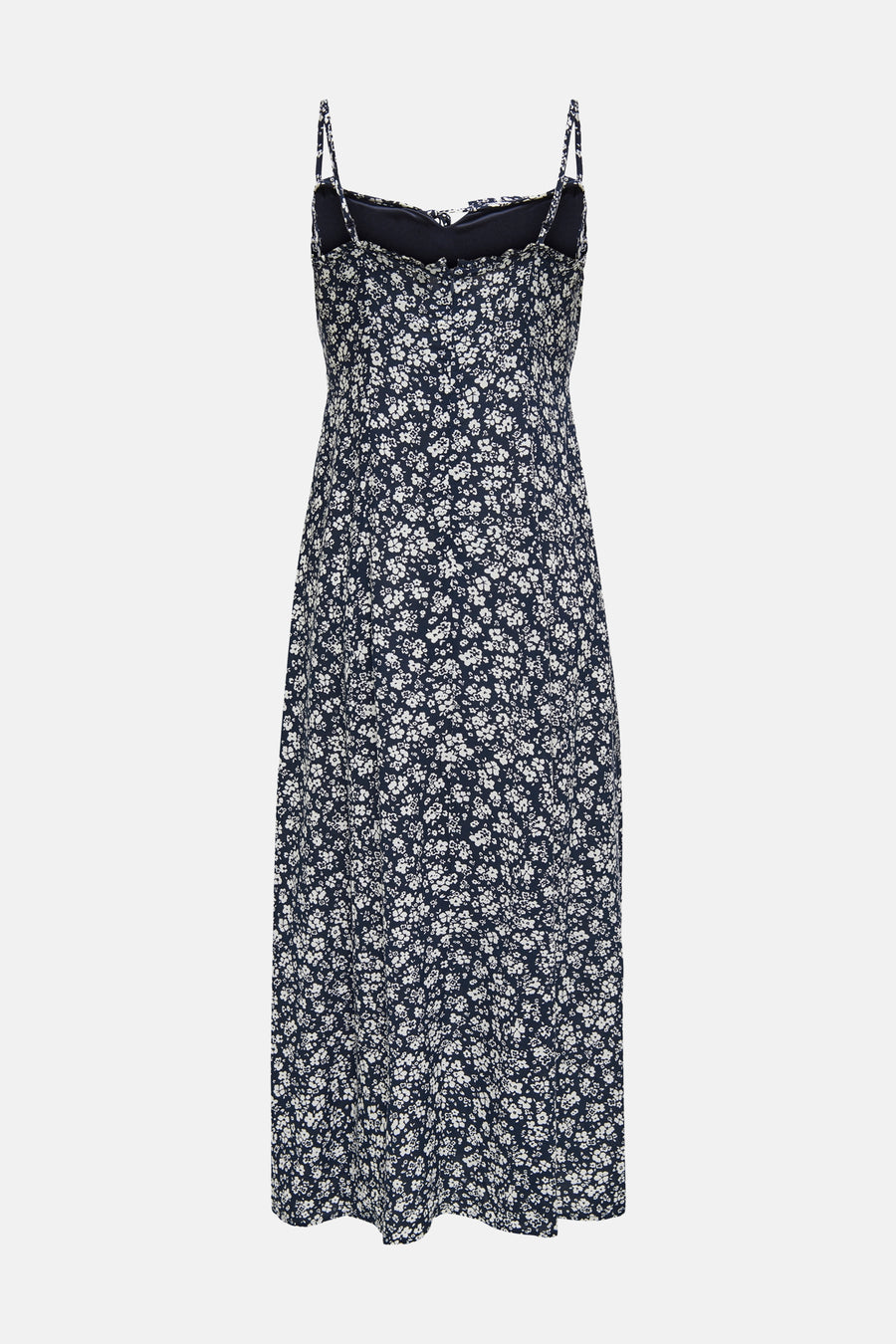 Robe midi bleue fleurie de ONLY® à fines bretelles, vue de dos.