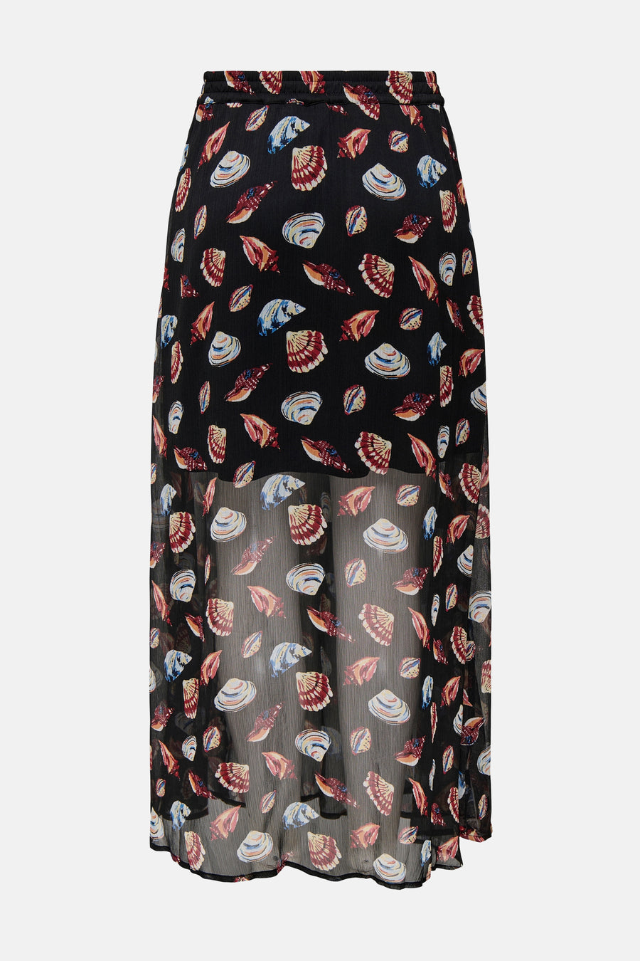 Jupe longue noire par ONLY®, à motif de coquillages multicolores et ourlet transparent.
