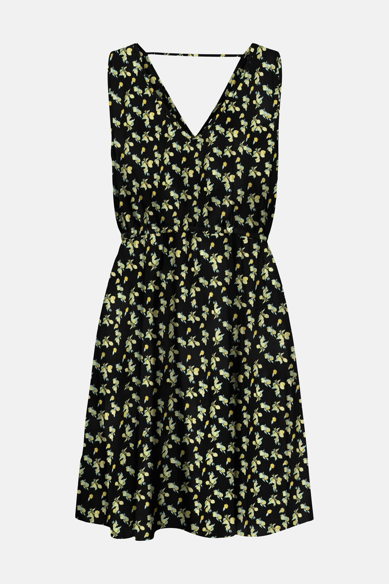 Robe noire à motif citron jaune et vert de ONLY® avec col en V, sans manches et taille élastiquée.