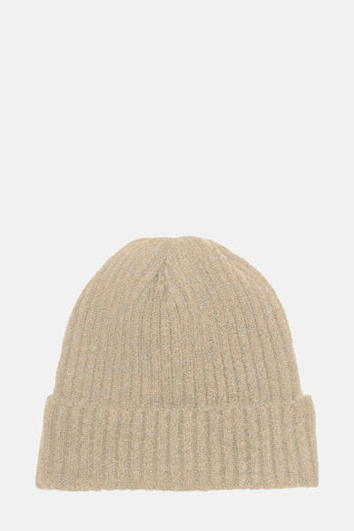 Beige gebreide muts van ONLY, met een zachte ribbeltextuur en een omgeslagen rand.