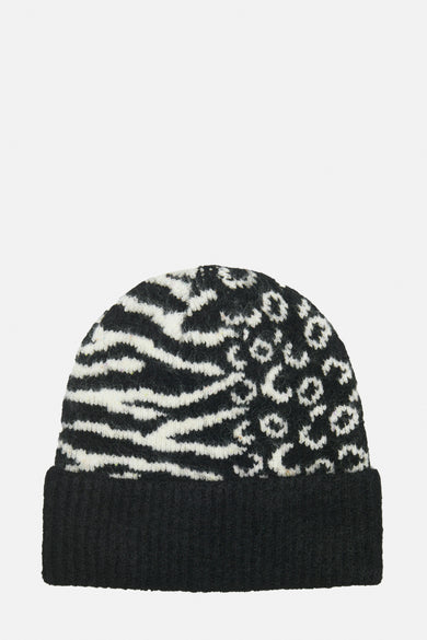 Zwarte muts van ONLY met zebra- en luipaardprint, in dik breisel.