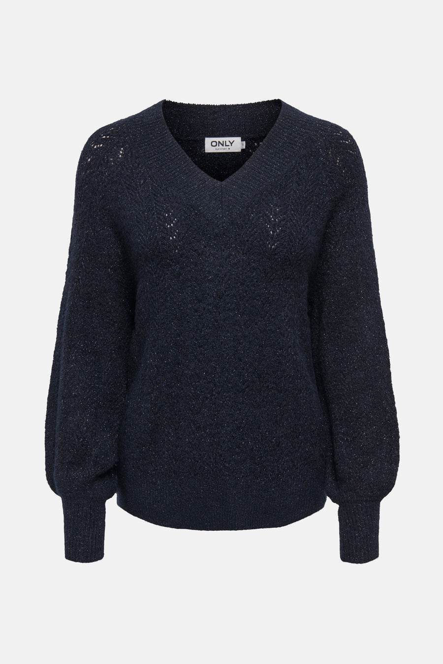 Pull bleu marine à col en V de ONLY, avec des détails ajourés et des manches bouffantes.