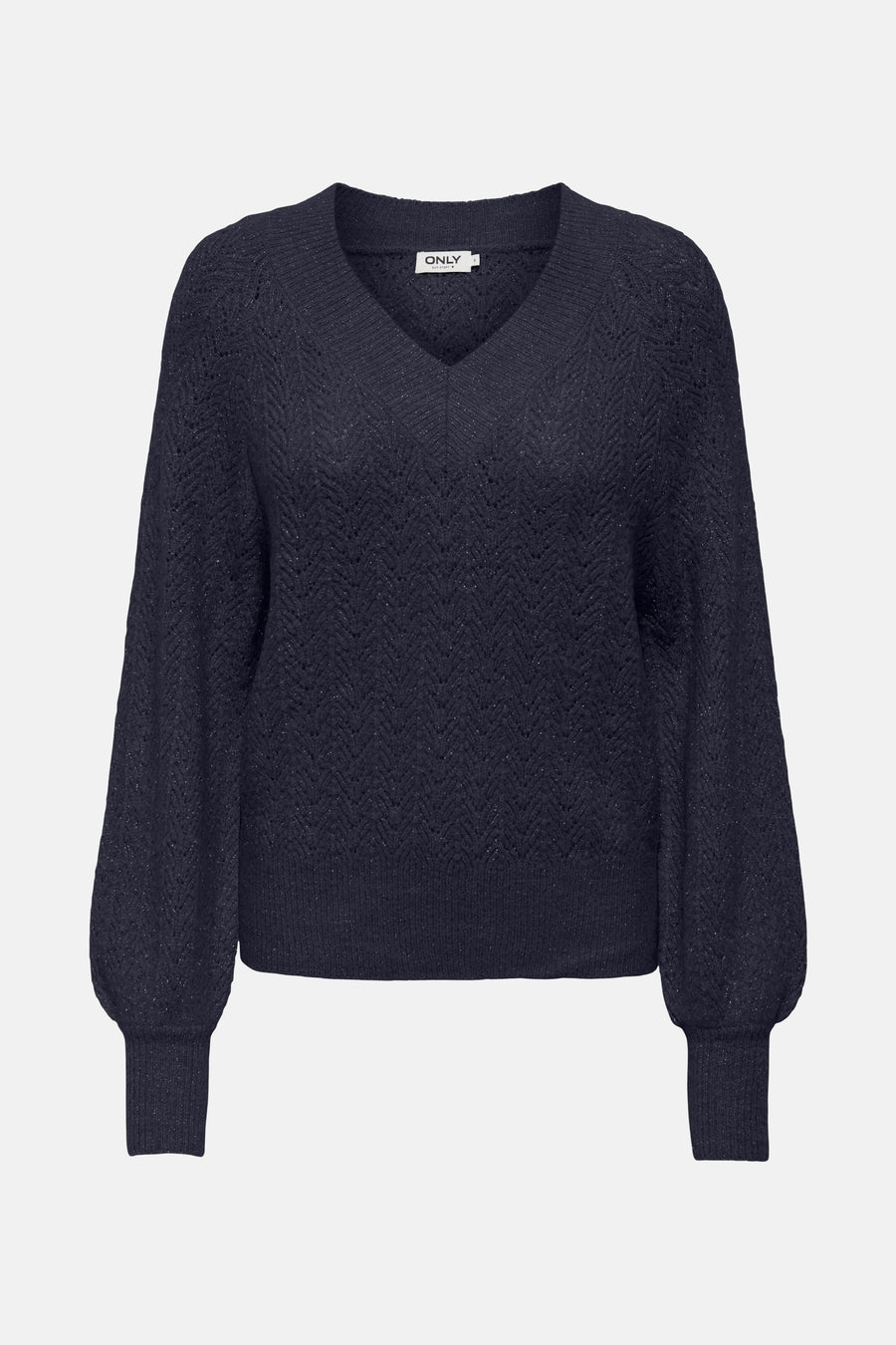 Pull bleu à col en V de ONLY, avec motif ajouré et manches bouffantes.

