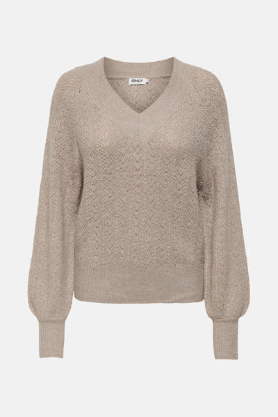 Pull beige à col en V de ONLY, avec un motif à chevrons et des manches ballon.
