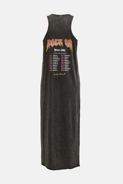 Zwarte lange jurk van ONLY® met grafische rocktour-print op de rug.