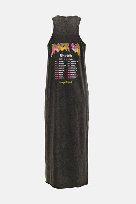 Zwarte lange jurk van ONLY® met grafische rocktour-print op de rug.