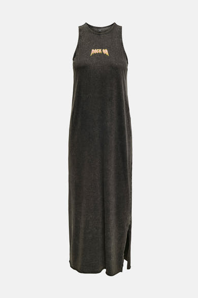 Robe longue noire par ONLY, avec un motif « Rock On » sur le devant et une fente latérale.

