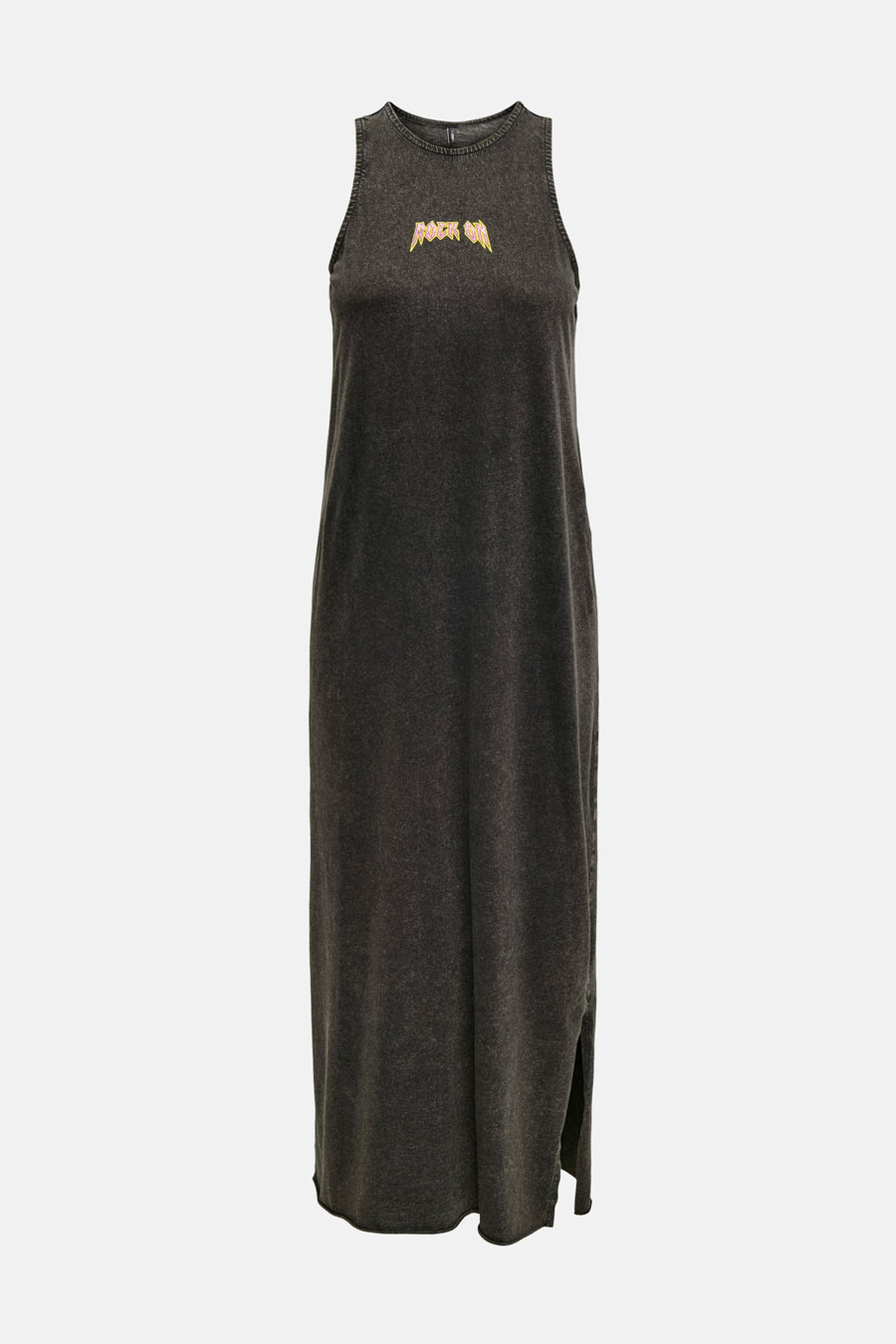 Robe longue noire par ONLY, avec un motif « Rock On » sur le devant et une fente latérale.
