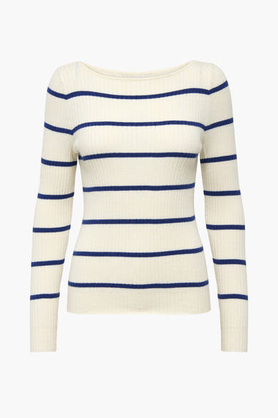 Wit rond hals T-shirt met ribgebreide structuur van ONLY, met blauwe strepen.