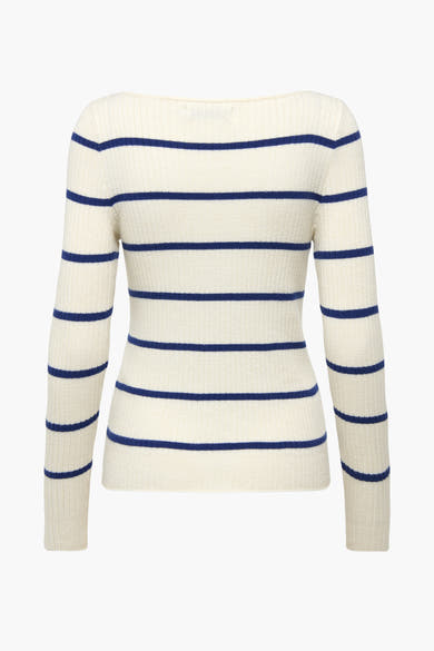 Wit T-shirt met ronde hals van ONLY, marineblauw gestreept en met geribbelde textuur.