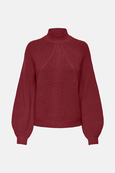 Pull bordeaux à col montant par ONLY®, avec des motifs torsadés sur le devant et des manches ballon.
