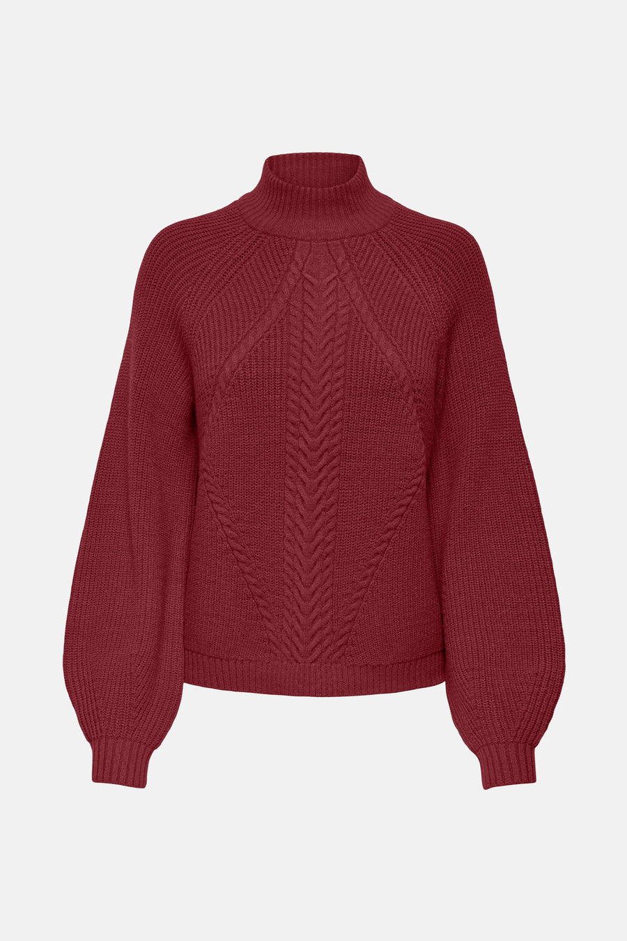 Pull bordeaux à col montant par ONLY®, avec des motifs torsadés sur le devant et des manches ballon.
