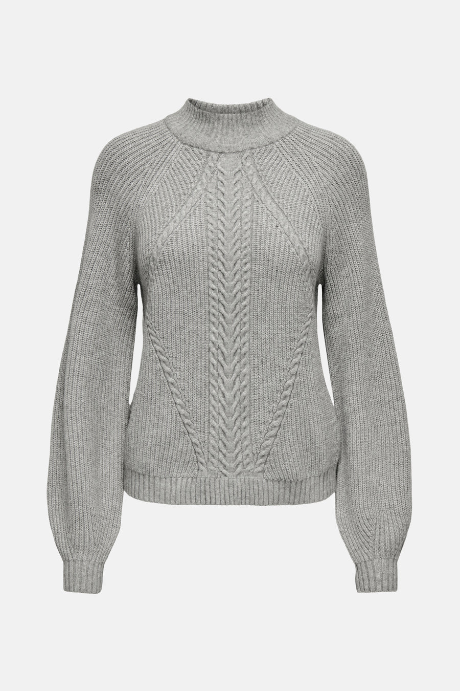 Pull à col roulé gris de ONLY, avec un motif de torsades centrales et des manches légèrement bouffantes.
