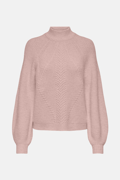 Pull à col roulé rose de ONLY, avec motif tressé sur le devant et manches bouffantes.